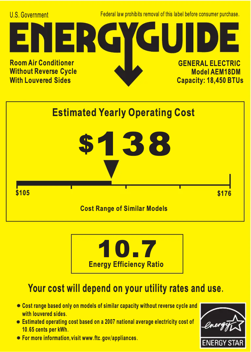 Page 1 de la notice Label énergétique GE AEM18DM