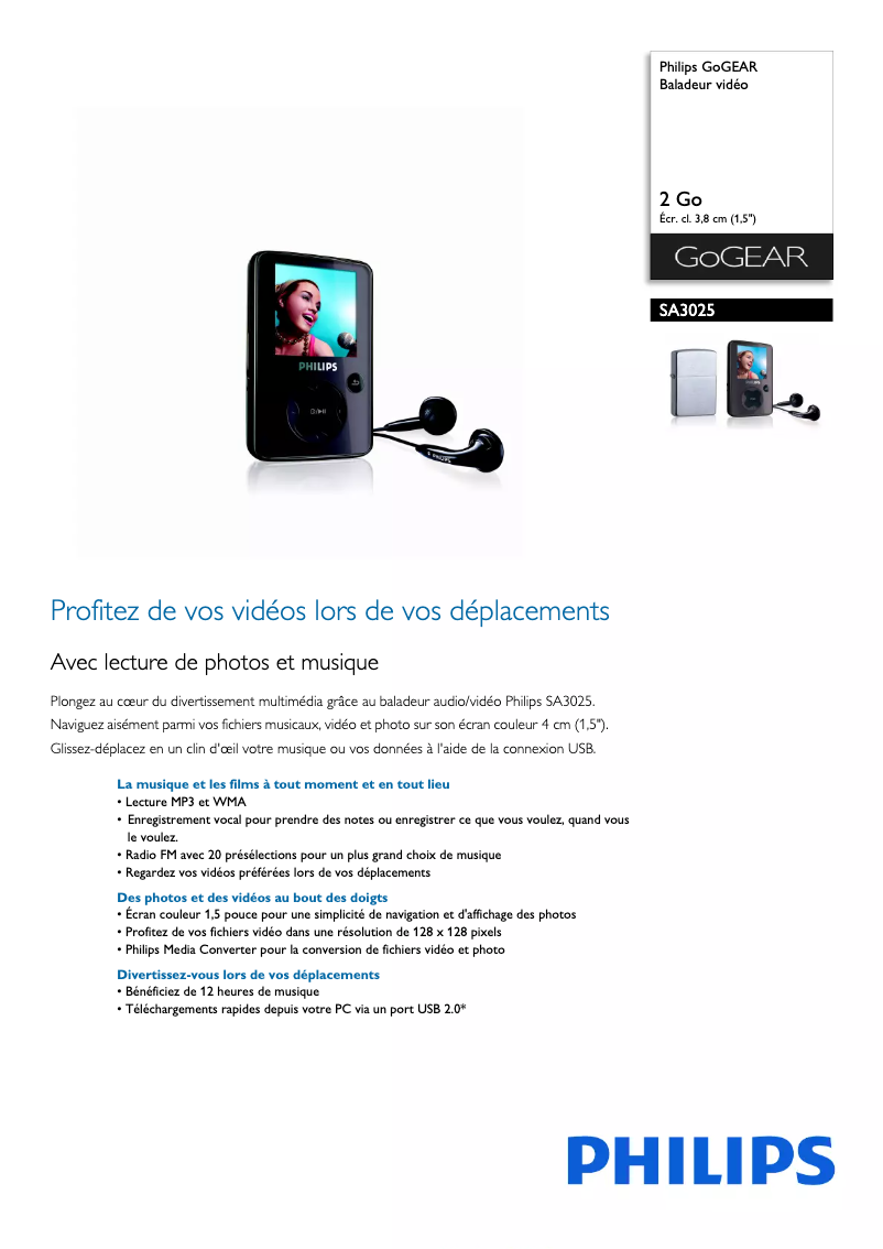 Page 1 de la notice Fiche technique Philips GoGear SA3025