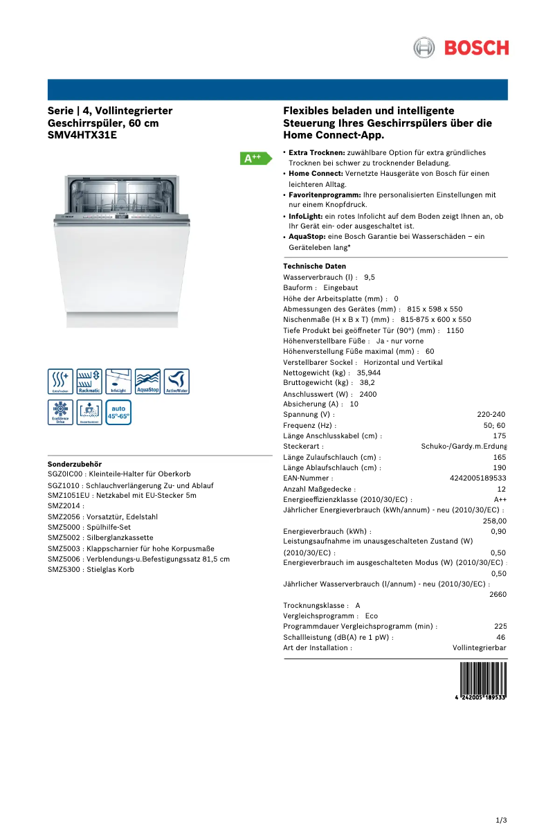 Page n°1 - Label énergétique Bosch Serie 4 SMV4HTX31E