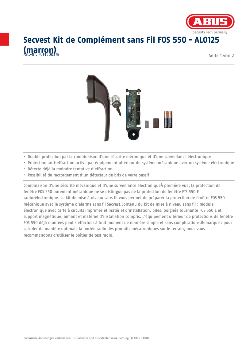 Page n°1 - Fiche technique Abus FUFT50037B