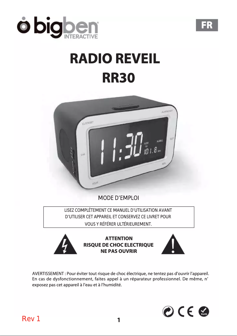 Image de la première page du manuel de l'appareil Radio Reveil RR30GB