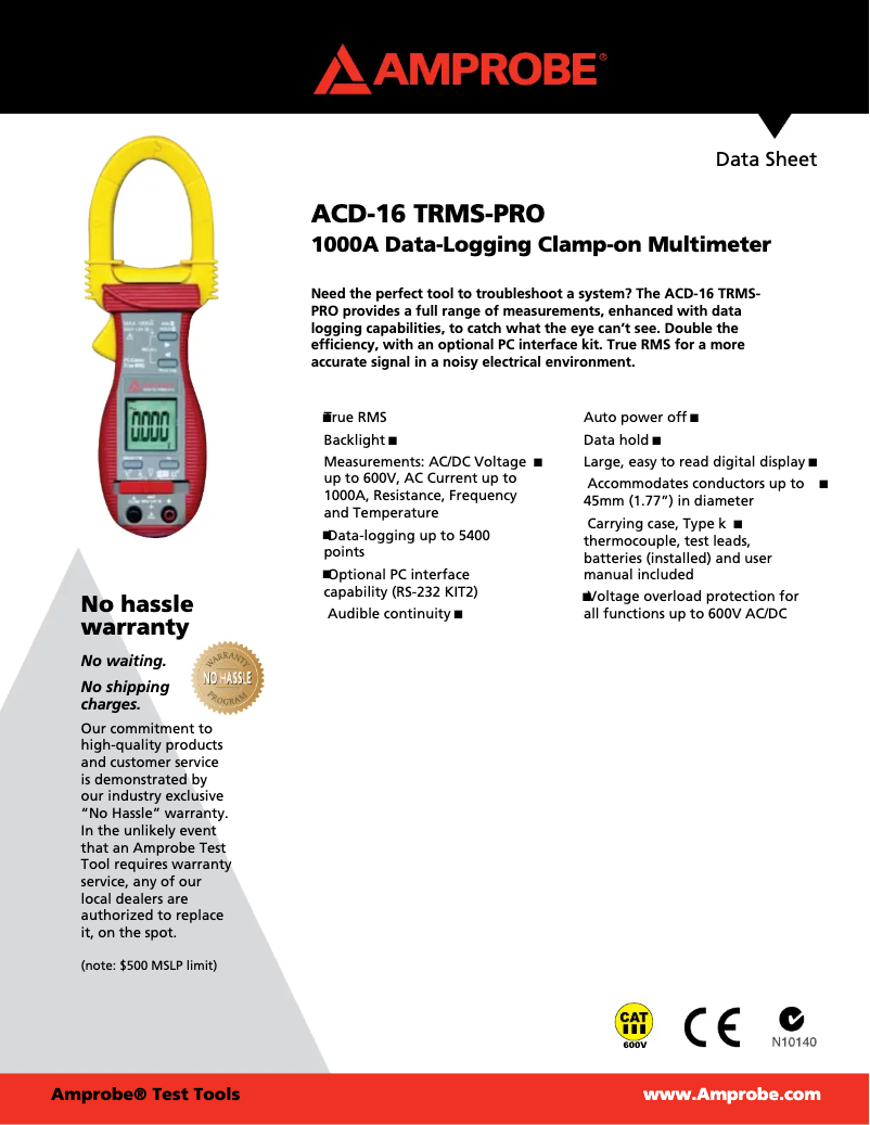 Page 1 de la notice Fiche technique Amprobe ACD-16 TRMS Pro