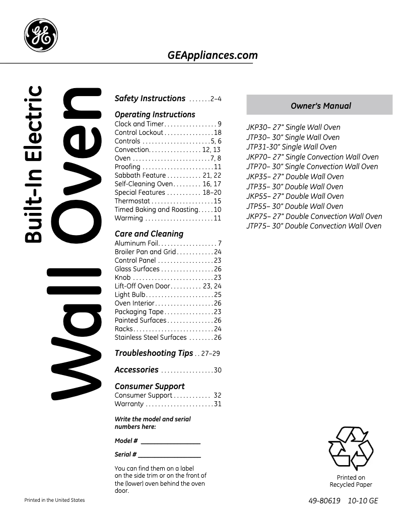 Page n°1 - Manuel utilisateur GE JKP30DPWW
