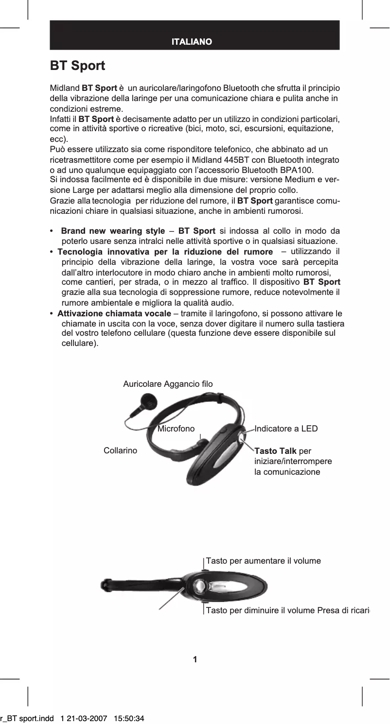 Page 1 de la notice Manuel utilisateur Midland BT Sport