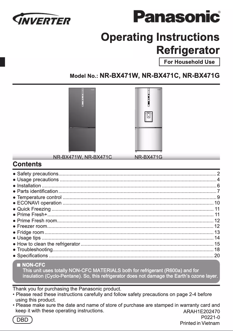 Page 1 de la notice Manuel utilisateur Panasonic NR-BX471C
