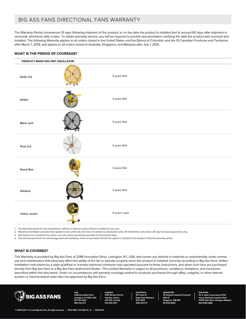 Page 1 de la notice Informations de garantie Big Ass Fans Sidekick