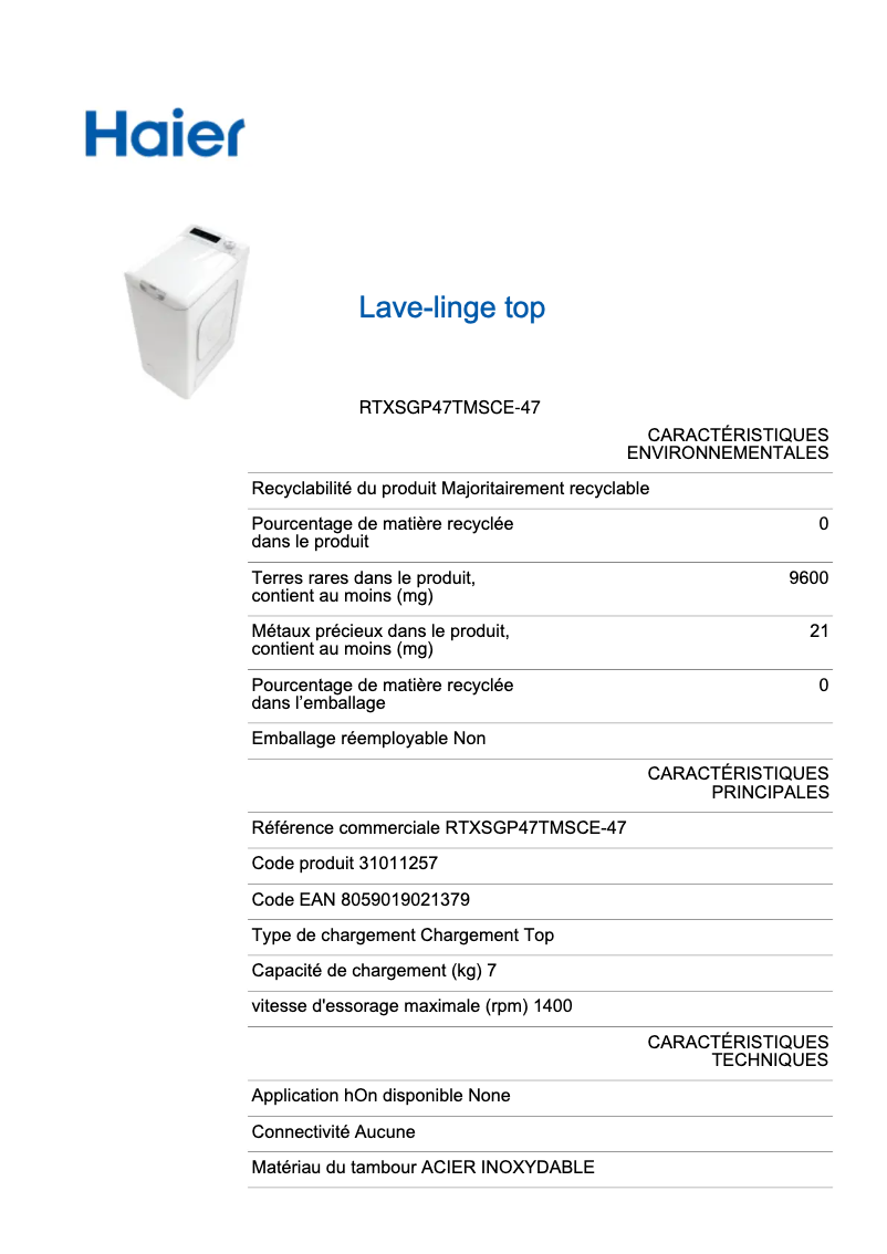 Page 1 de la notice Label énergétique Haier RTXSGP47TMSCE-47