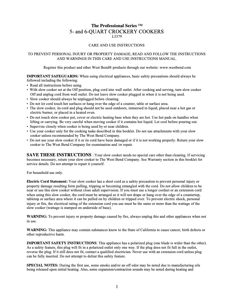 Page 1 de la notice Manuel utilisateur WestBend 84315