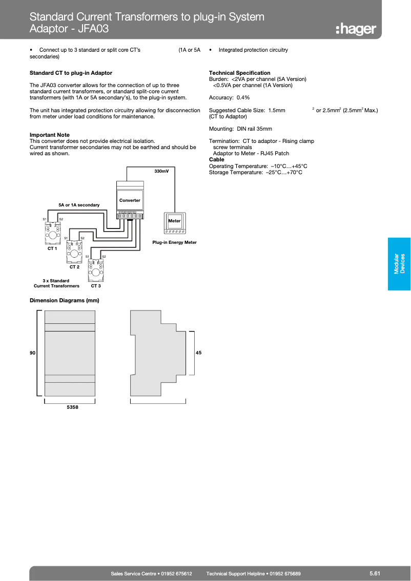 Page 1 de la notice Fiche technique Hager JFA03