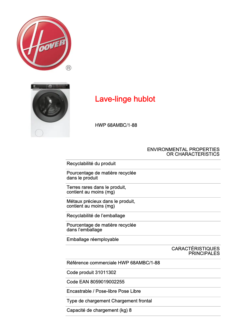 Page 1 de la notice Fiche technique Hoover HWP 68AMBC/1-88