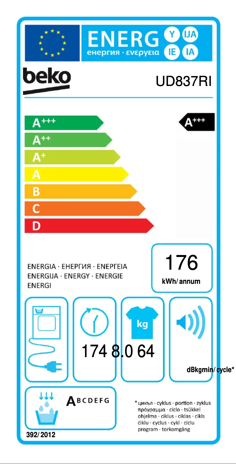 Page 1 de la notice Label énergétique Beko UD837RI