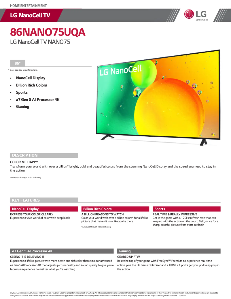 Page 1 de la notice Fiche technique LG 86NANO75UQA