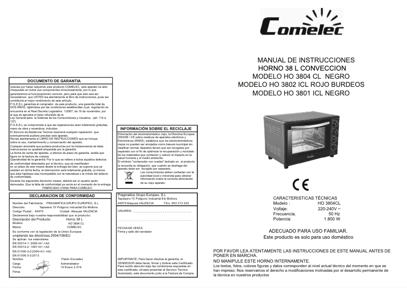 Image de la première page du manuel de l'appareil HO 3804 CL