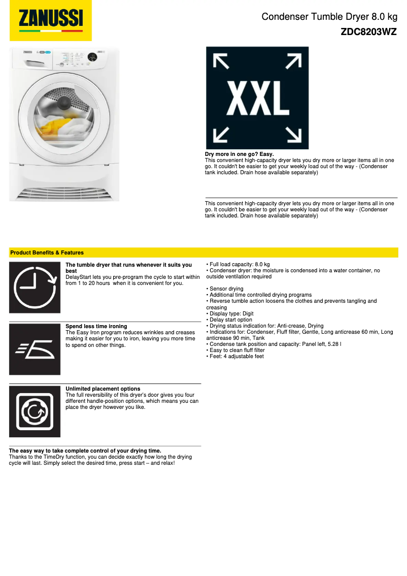 Page 1 de la notice Fiche technique Zanussi ZDC8203WZ