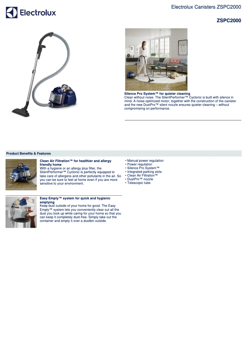 Page 1 de la notice Fiche technique Electrolux ZSPC2000