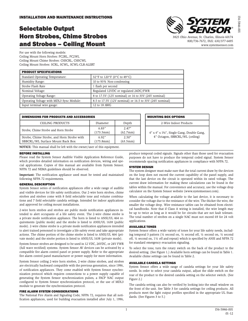 Page n°1 - Manuel utilisateur System Sensor PC2WL