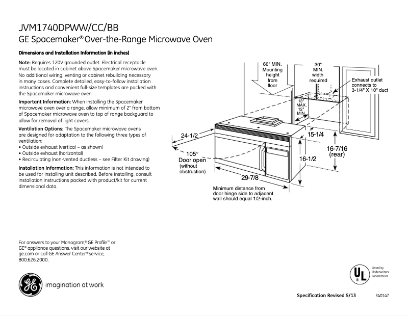Página 1 del manual Ficha técnica GE Spacemaker JVM1740DPCC
