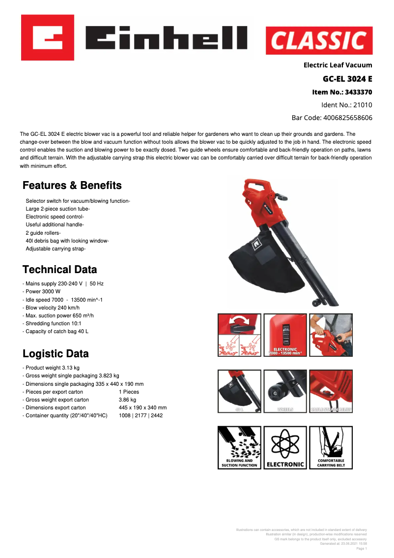 Page 1 of the manual Technical Sheet Einhell GC-EL 3024 E