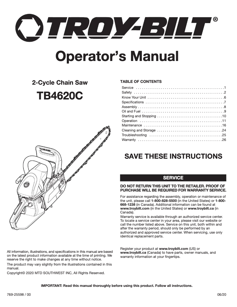 Page 1 de la notice Manuel utilisateur Troy-Bilt TB4620C XP