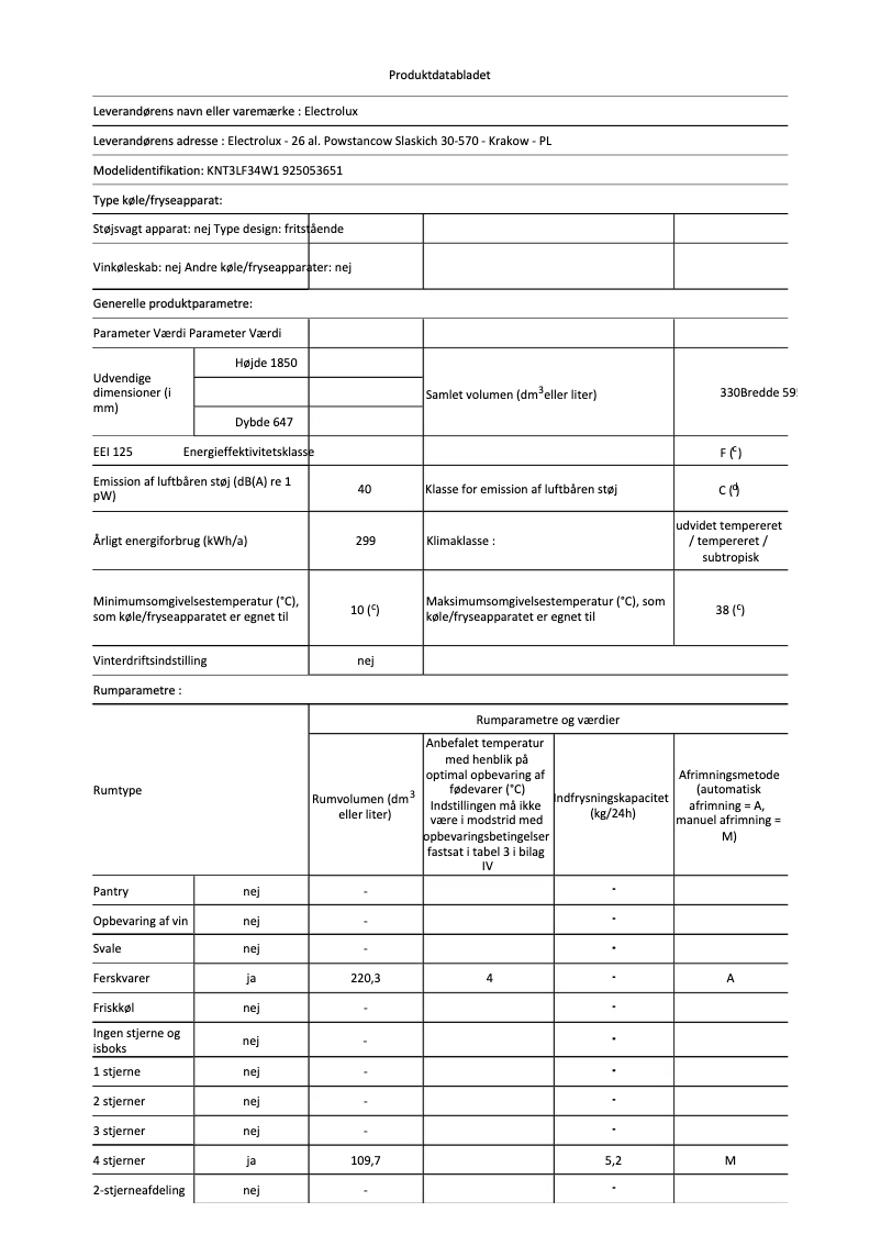 Page 1 de la notice Fiche technique Electrolux KNT3LF34W1