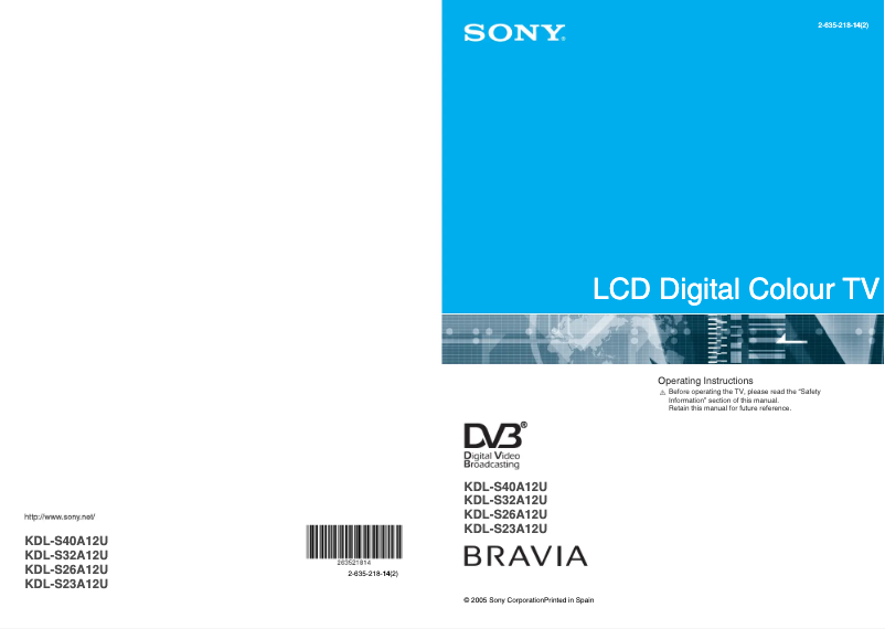 Image de la première page du manuel de l'appareil Bravia KDL-S40A12U