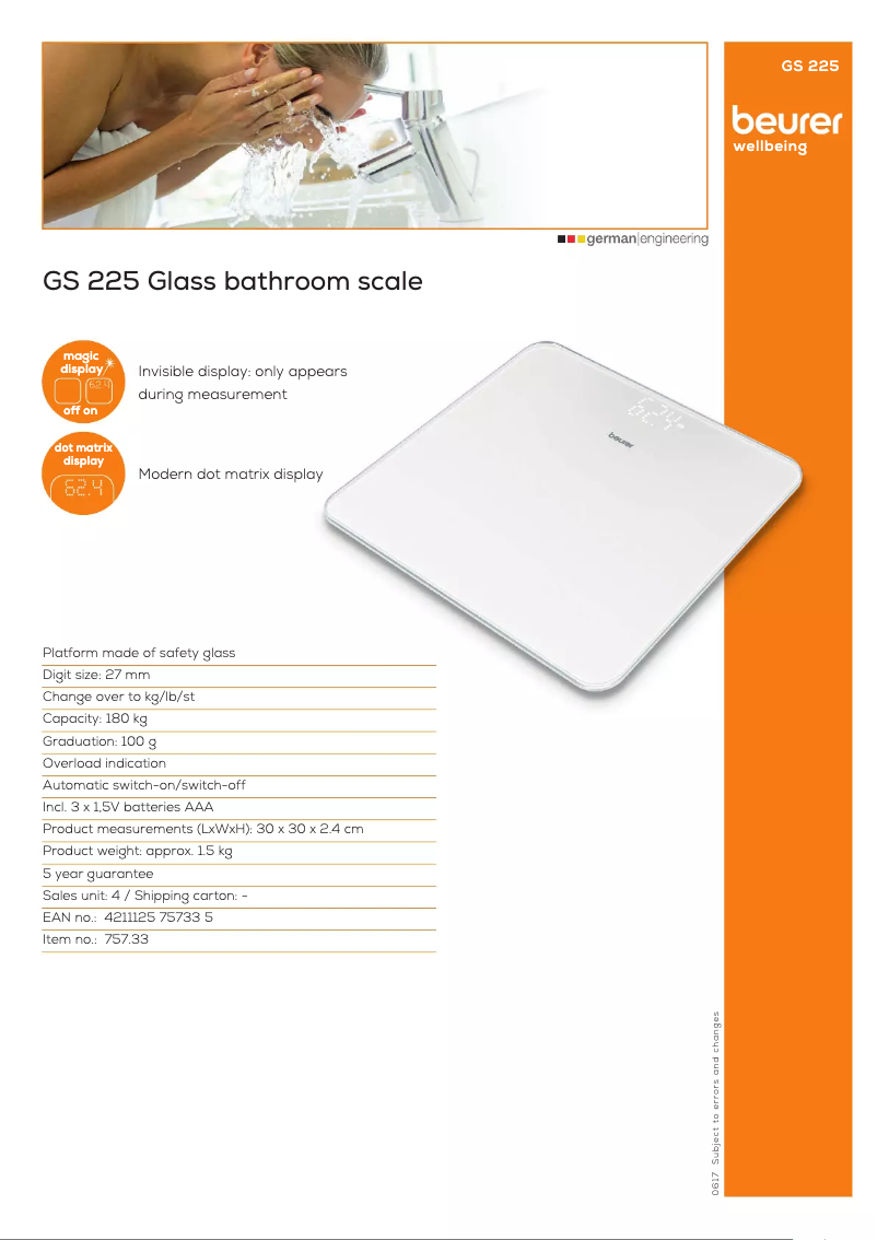 Page 1 de la notice Fiche technique Beurer GS 225