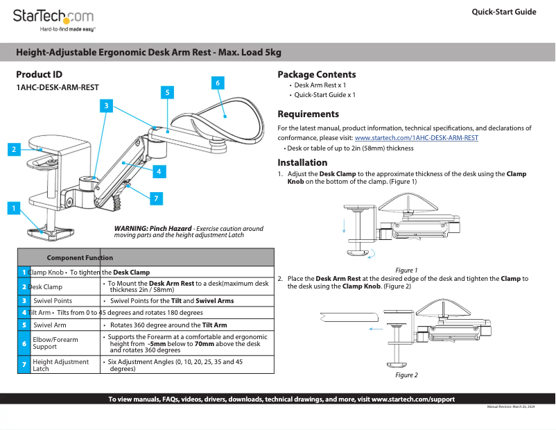 Page 1 de la notice Manuel utilisateur StarTech.com 1AHC-DESK-ARM-REST