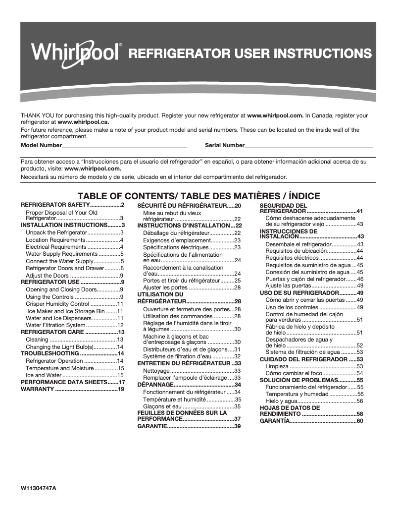 First page image of the manual for WRF555SDFZ
