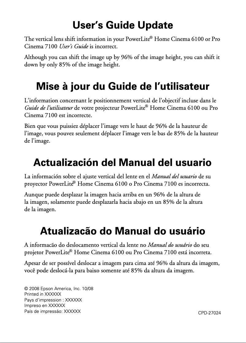 Page 1 de la notice Manuel utilisateur Epson PowerLite Home Cinema 6100