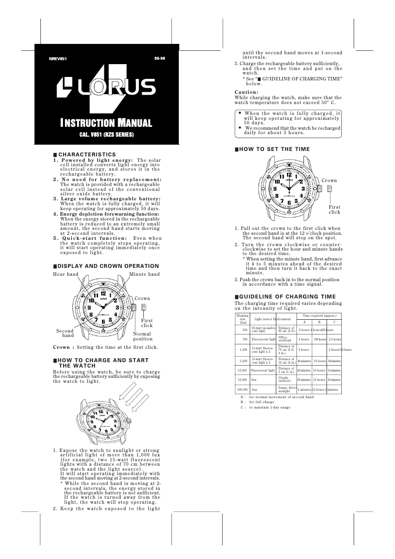Page n°1 - Manuel utilisateur Lorus V851