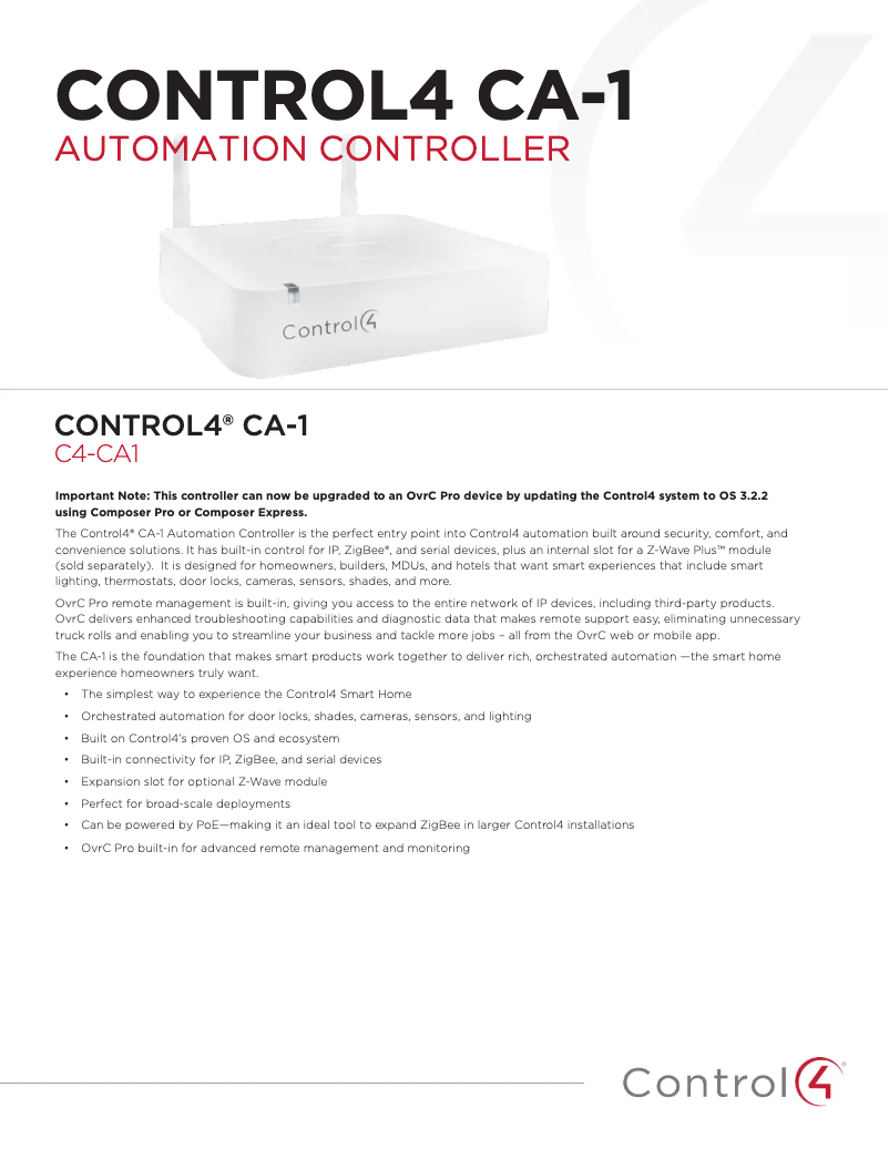 Page 1 of the manual Technical Sheet Control4 CA-1