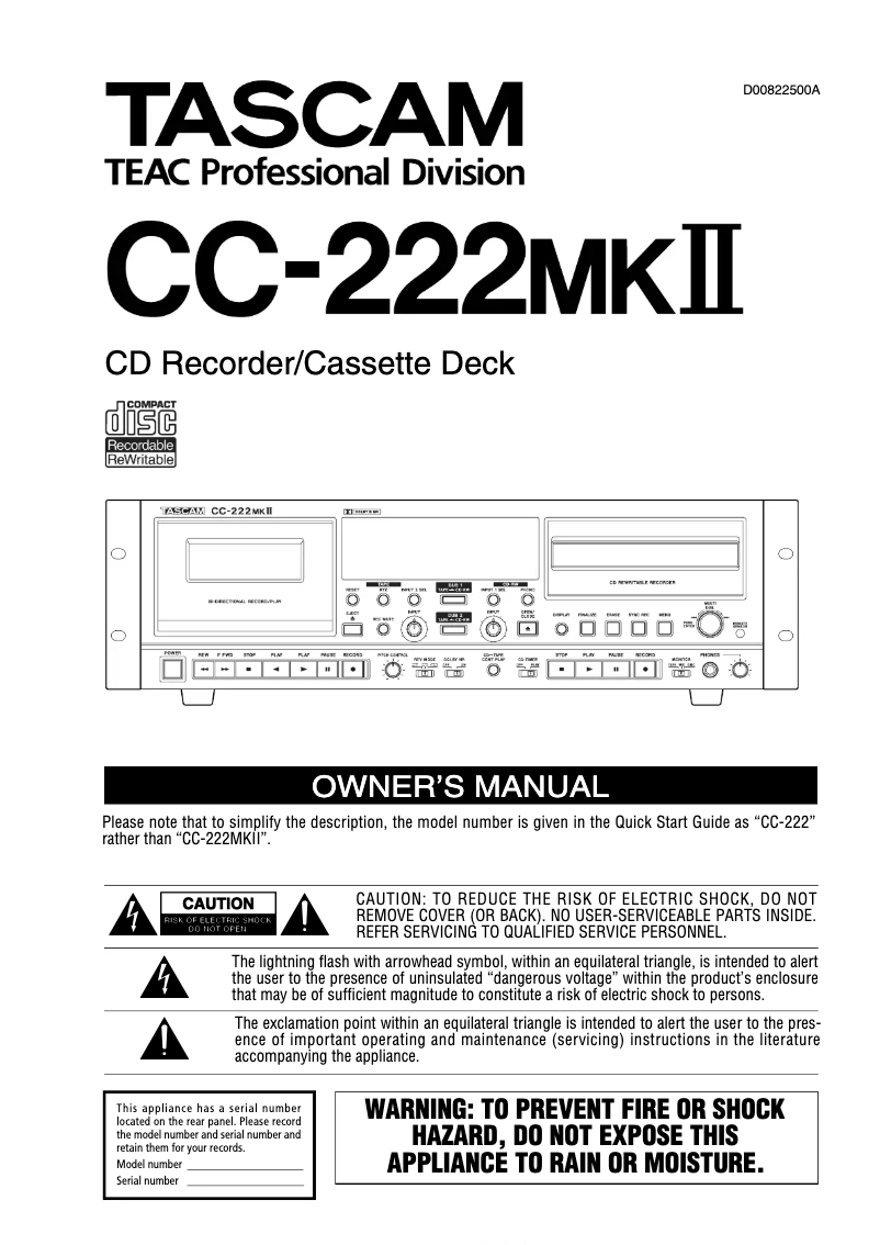 Page 1 de la notice Manuel utilisateur Tascam CC-222MKII