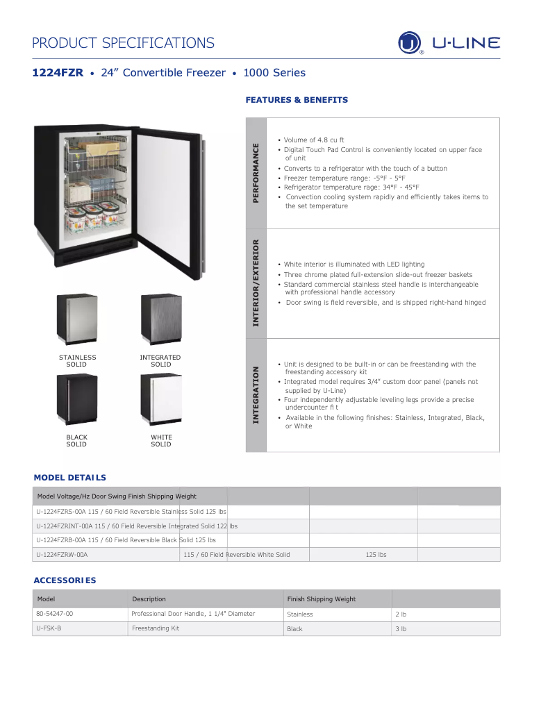 Page 1 de la notice Fiche technique U-Line U-1224FZRB-00A