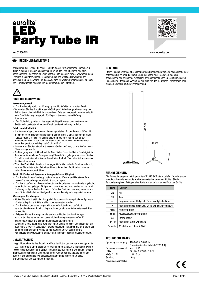 Image de la première page du manuel de l'appareil LED Party Tube IR