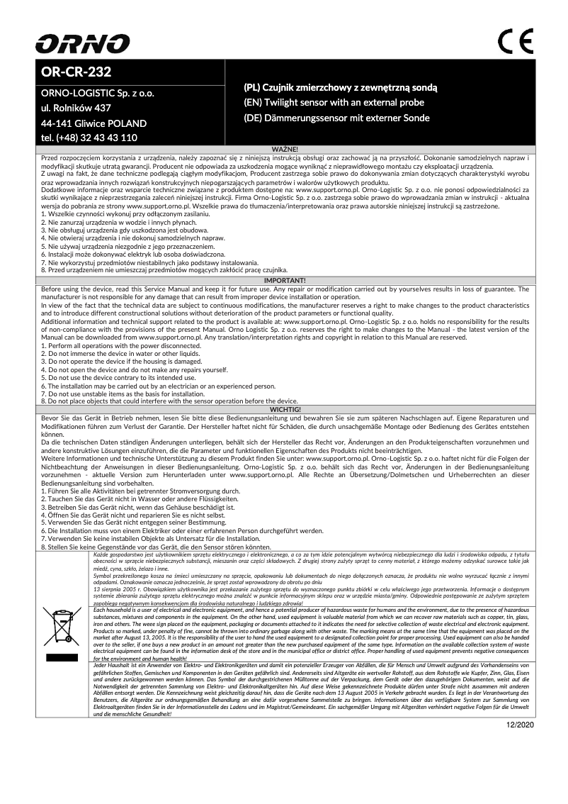 Image de la première page du manuel de l'appareil OR-CR-232