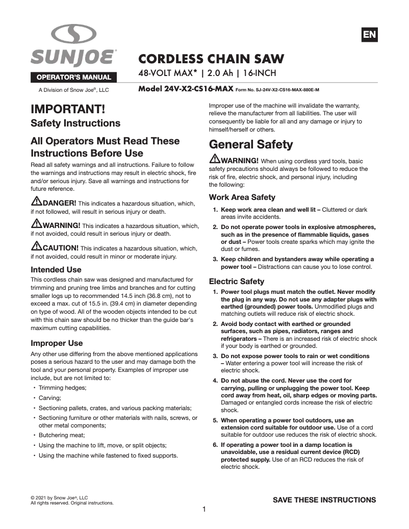 Page 1 de la notice Manuel utilisateur Sun Joe 24V-X2-CS16-MAX