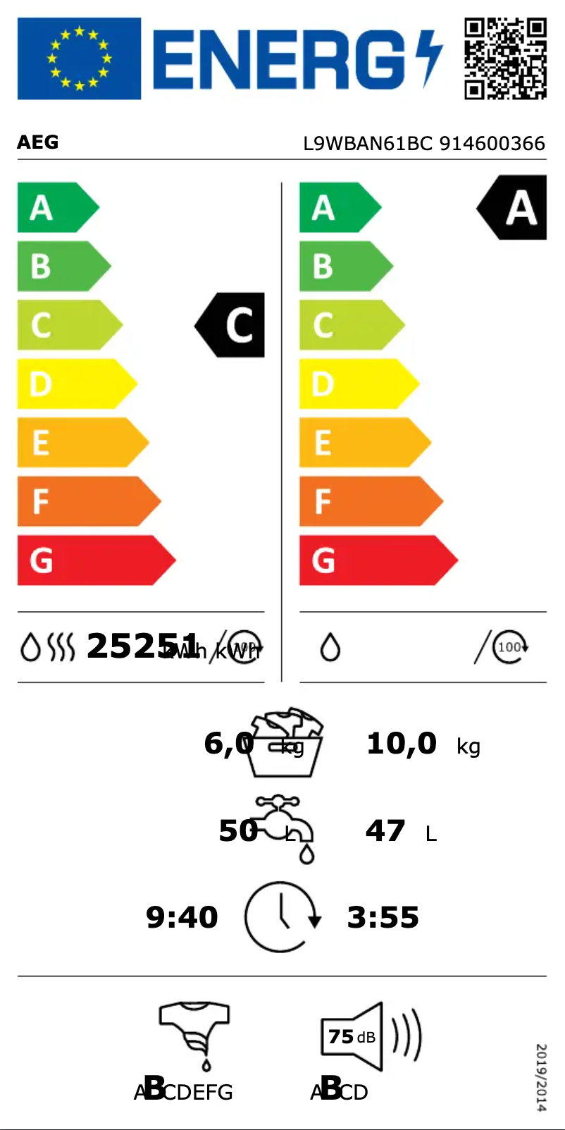 Page n°1 - Label énergétique AEG L9WBAN61BC