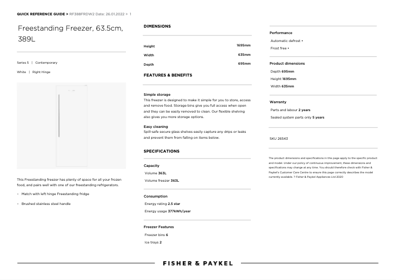 Page 1 de la notice Manuel utilisateur Fisher & Paykel RF388FRDW2