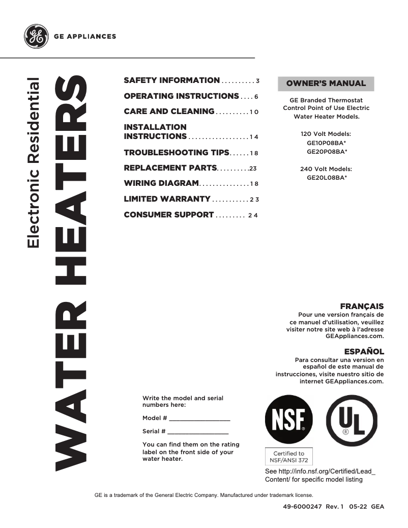 Image de la première page du manuel de l'appareil GE20L08BAR