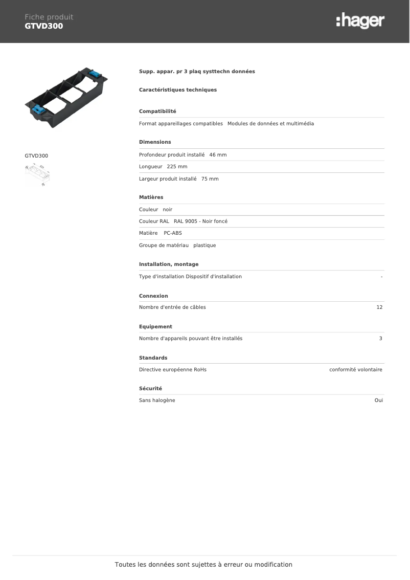 Page 1 de la notice Fiche technique Hager GTVD300