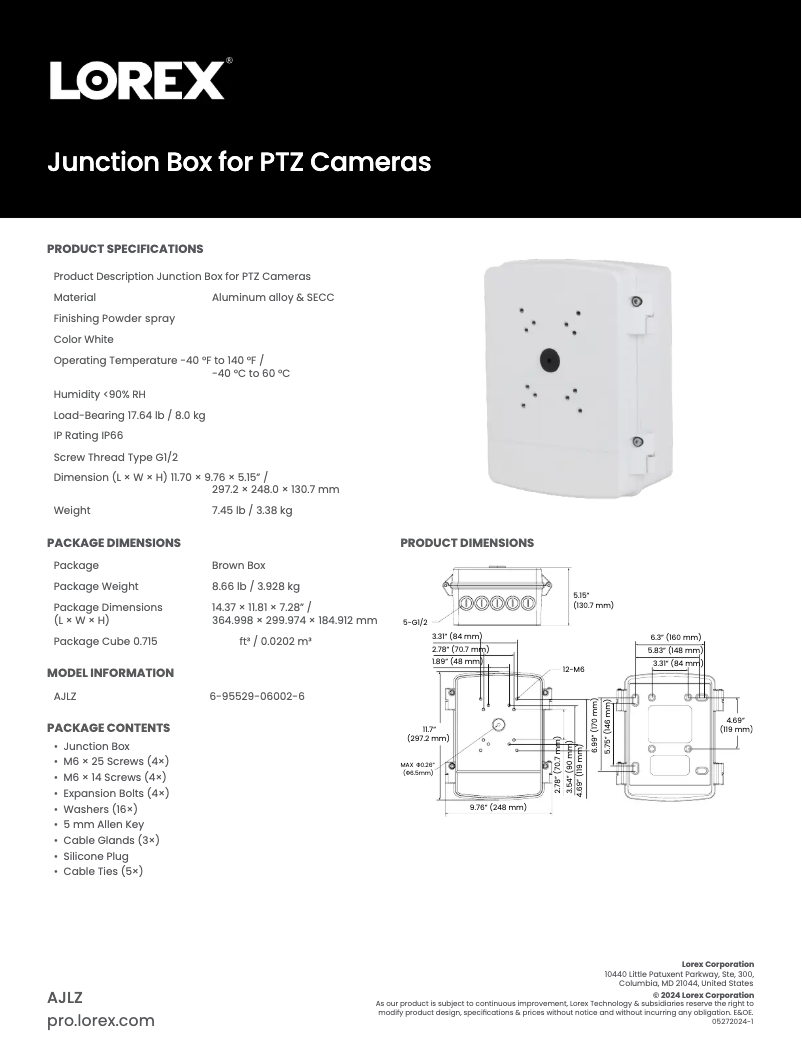 Page 1 de la notice Fiche technique Lorex AJLZ-1W