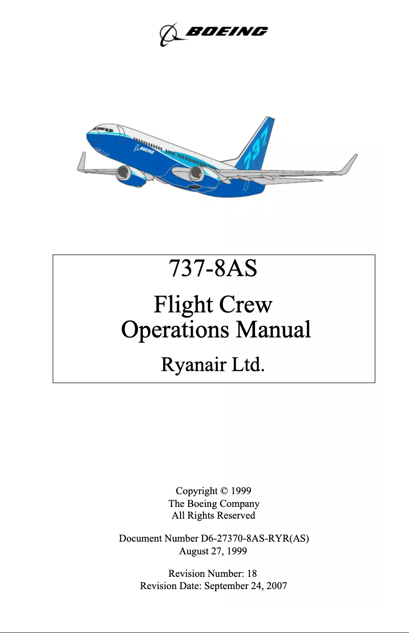 Page 1 de la notice Manuel utilisateur Boeing 737-8AS Ryanair (1999)