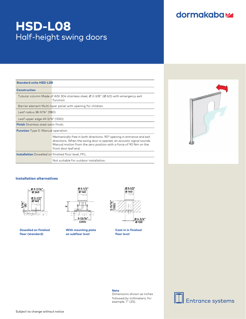 Page 1 de la notice Manuel utilisateur Dormakaba HSD-L08