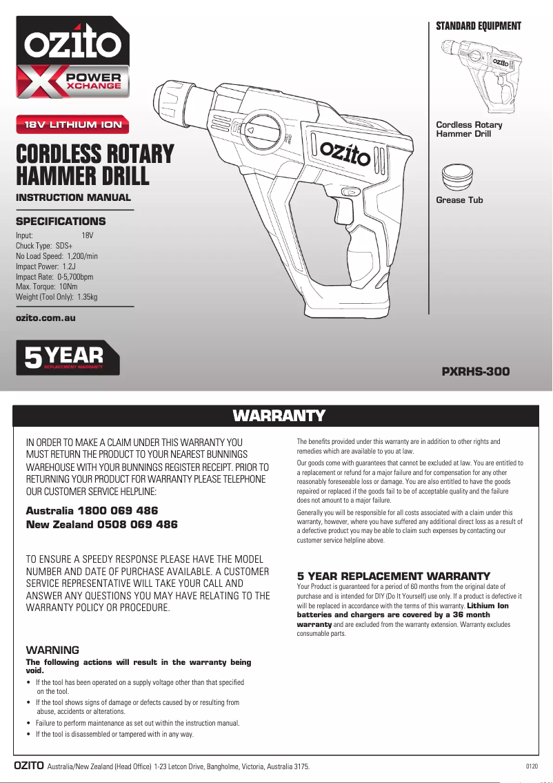 Page 1 de la notice Manuel utilisateur Ozito PXRHS-300