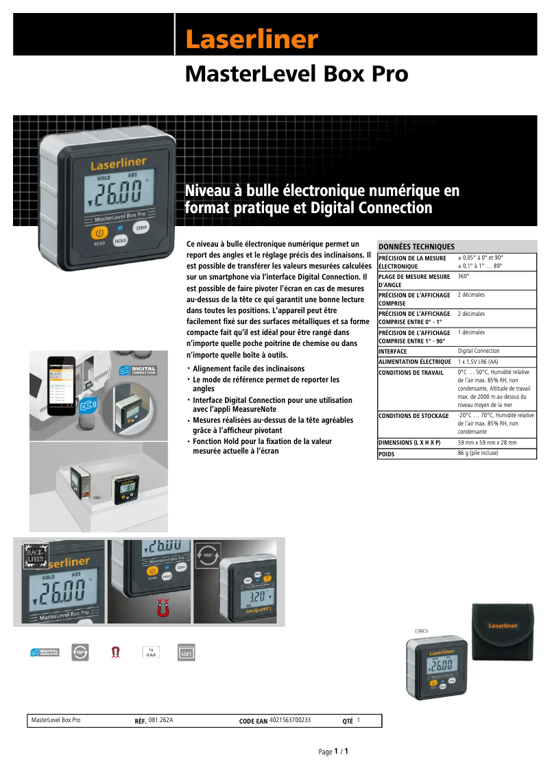 Page 1 de la notice Fiche technique Laserliner MasterLevel Box Pro