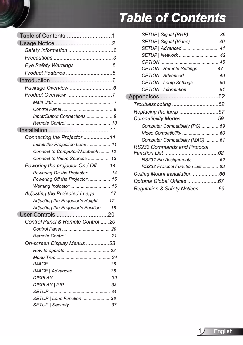 Page 1 de la notice Manuel utilisateur Optoma TH7500