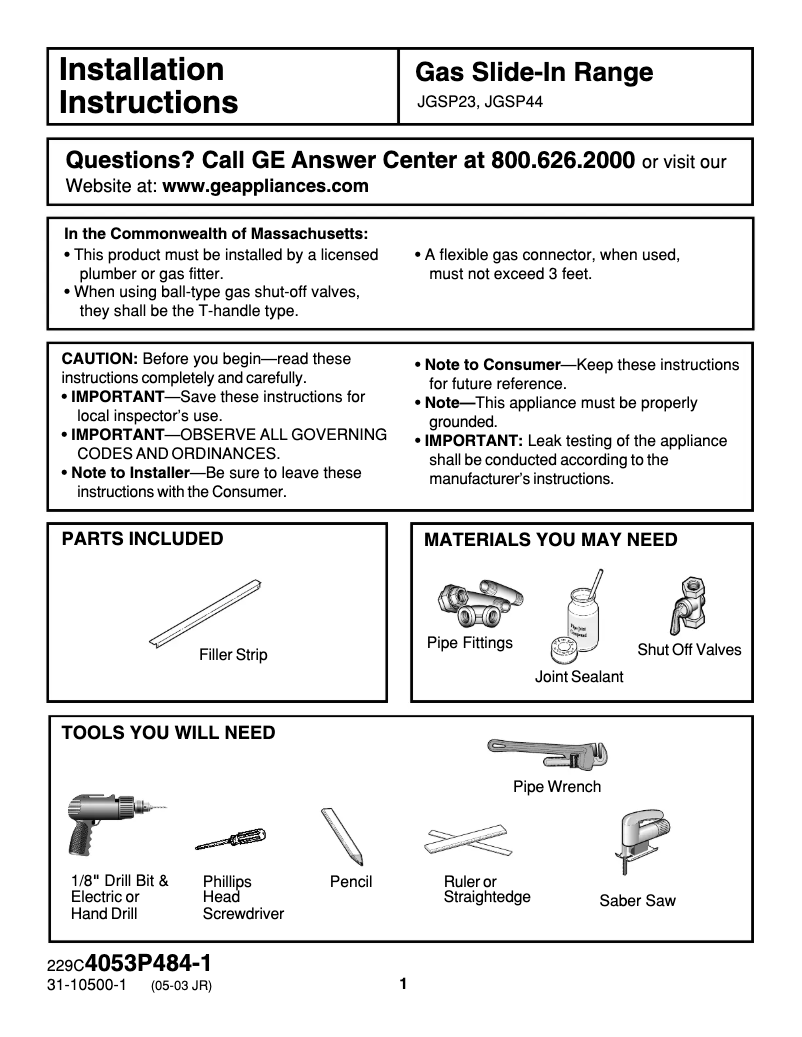 Page 1 de la notice Guide d'installation GE JGSP23BEYBB