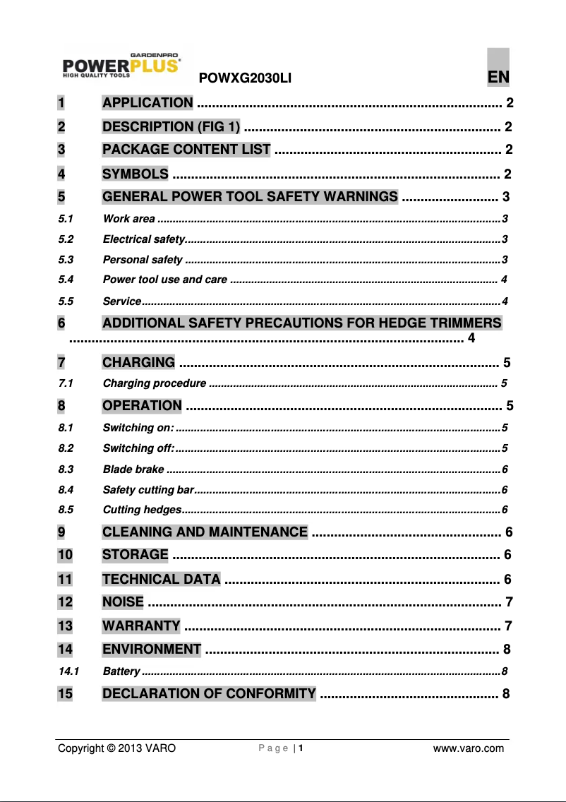 Page 1 de la notice Manuel utilisateur PowerPlus POWXG2030LI