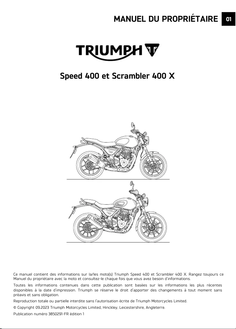 Page 1 de la notice Manuel utilisateur Triumph Speed 400 (2024)