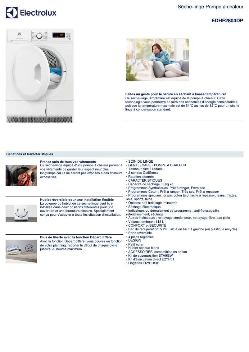 Page 1 de la notice Fiche technique Electrolux EDHF2804DP